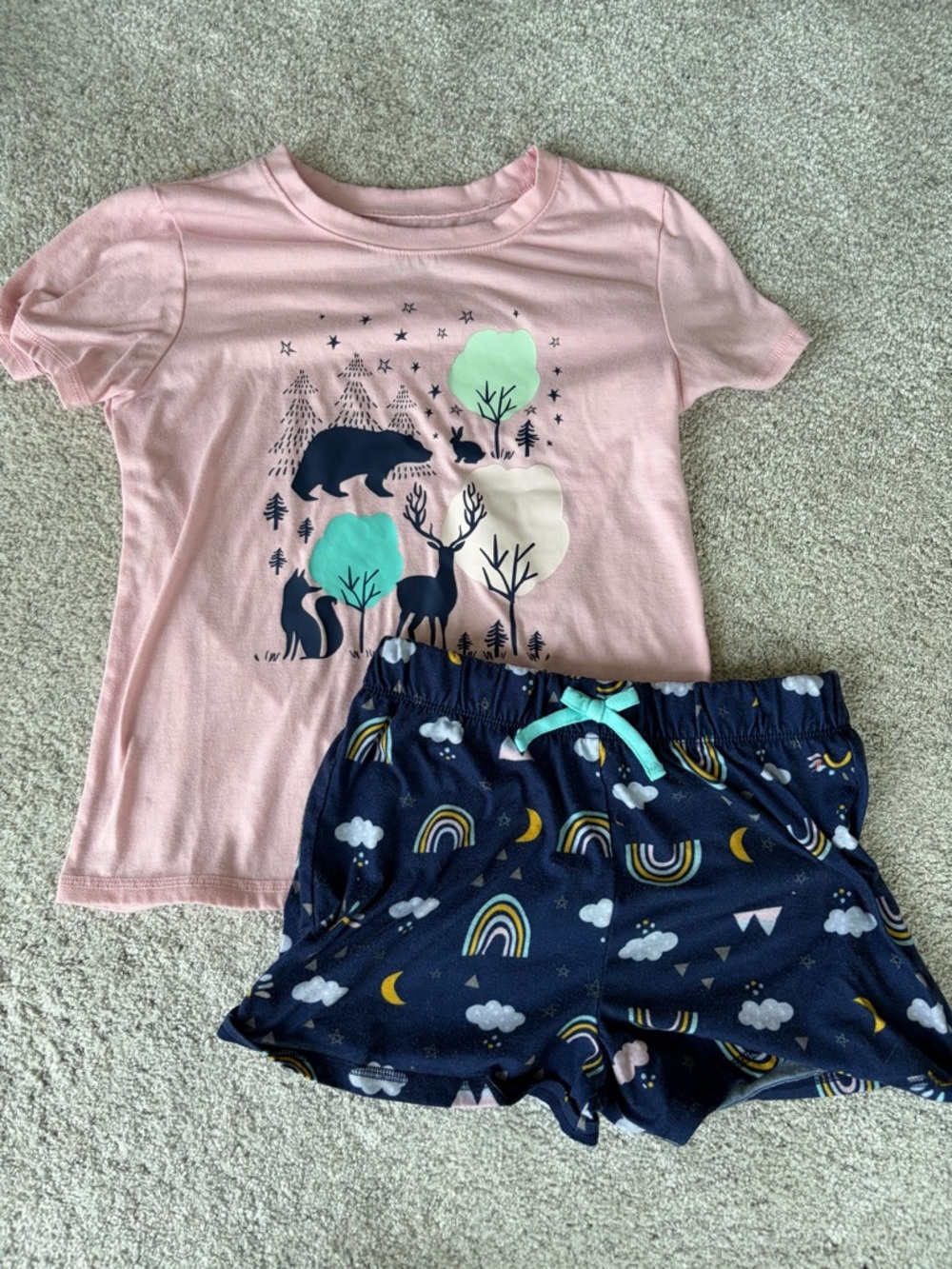 Eddie Bauer Girl’s Pink Short-Sleeve Woodland Top with Navy shorts pajamas